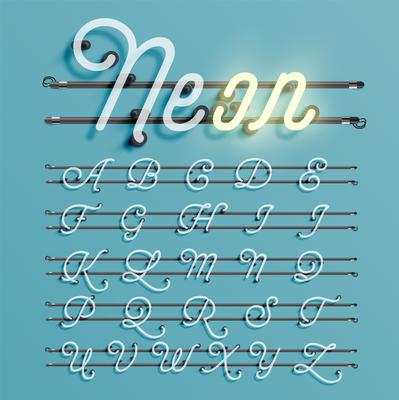 Realistic neon font with wires and console, vector illustration