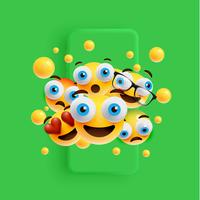 3D and different kinds of emoticons with matte smartphone, vector illustartion