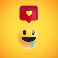 Emoticon divertido en 3D con bocadillo de diálogo en 3D y un corazón, ilustración vectorial vector