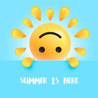 Funny sun-smiley with the title  summer is here, vector illustration