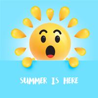 Funny sun-smiley with the title  summer is here, vector illustration