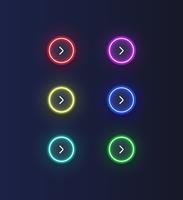 Colorful neon 'next' button set with an arrow for websites or online usage, vector illustration