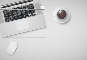 Minimal office with computer, mouse and a cup of coffee, vector illustration