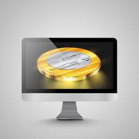 Realistic computer with money coins, vector illustration