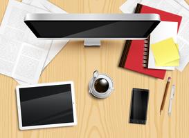 Realistic office desk with different objects, vector illustration