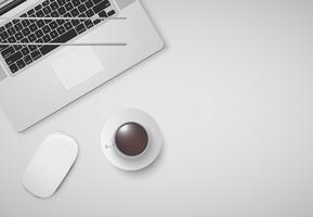 Minimal office with computer, mouse and a cup of coffee, vector illustration