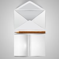 Realistic opened envelope with papers, and a pencil vector illustration