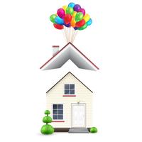Casa realista con globos de colores, vector