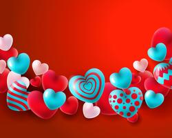 Valentines day background with red blue, white balloons 3d hearts concept vector