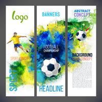 Campeonato de fútbol 2019. Banners deportivos con futbolista y pelota de fútbol contra el fondo con acuarelas vector