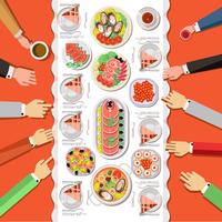 Catering party with people hands and a table of dishes from the menu, top view. vector