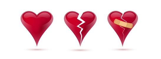 Conjunto del vector de los corazones quebrados de iconos y de símbolos realistas. Aislado en el fondo blanco Ilustración vectorial