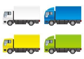 Conjunto de cuatro camiones aislados en un fondo blanco.