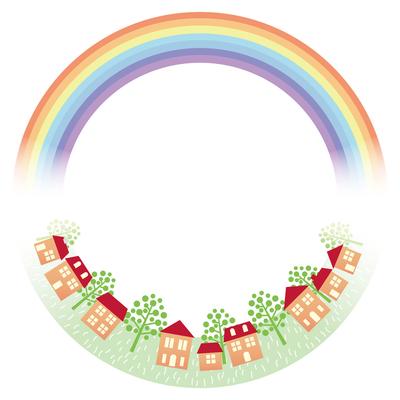 Circle frame with the rainbow and townscape.