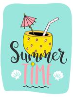 	 Cute bright summer card with cocktail in pineapple and handdrawn lettering vector