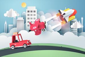 Paper art of space shuttle, air plane and car  at the city vector