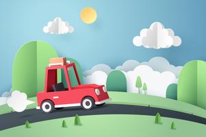 Paper art of red car country road mountain, origami and travel  vector