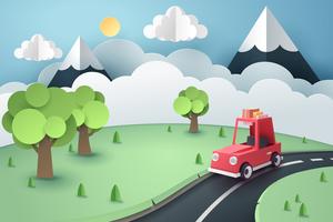 Paper art of red car country road forest and mountain, origami and travel  vector