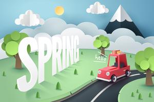 Paper art of red car country road and mountain with Hello Spring  hand lettering vector