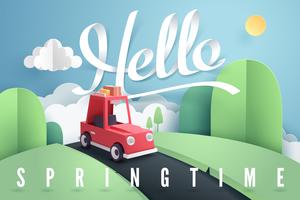 Paper art of red car forest and mountain with Hello Spring lettering vector