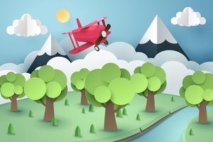 Paper art of pink plane flying above forest and river, origami and travel concept