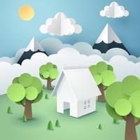 Paper art of tree around house, world sustainable environment friendly concept vector