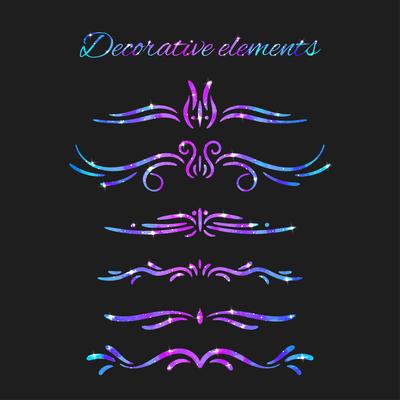 Vector Flourishes. Dividers Set. Hand Drawn Decorative Swirls With Glitter. Calligraphic Decorations With Sparkles. Space Texture. Glowing Stars Effect.