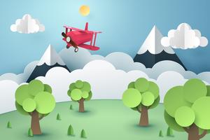 Paper art of pink plane flying in the sky, origami and travel concept vector