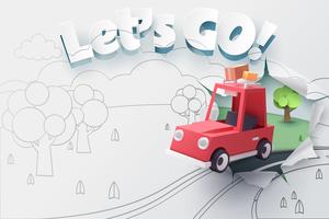 Paper art of red car jumping out from 2D sketch to 3D paper with ripped let's go text vector