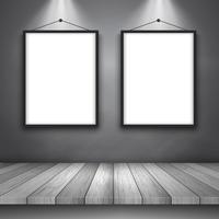 Display background with wooden table and blank picture frames  vector