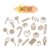 Elementos de la tienda de dulces. Dibujo de dulces y caramelos. Ilustración de pastelería. vector