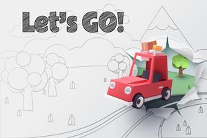 Red car jumping out from 2D sketch to be 3D paper  vector