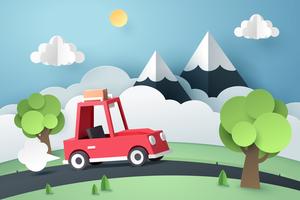 Carretera nacional de coche rojo cerca de montaña, origami y concepto de viaje vector