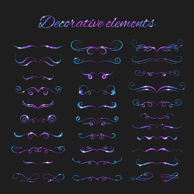 Vector Flourishes. Dividers Set. Hand Drawn Decorative Swirls With Glitter. Calligraphic Decorations With Sparkles. Space Texture. Glowing Stars Effect.