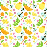 Seamless pattern with honey illustration set. Bee vector design. Natural organic elements. Cartoon honeycomb. Flat argiculture collection. Spoon with mead.