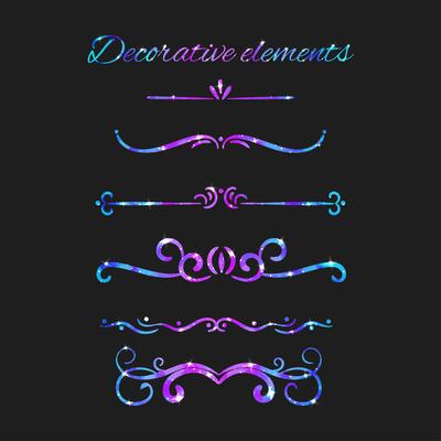 Vector Flourishes. Dividers Set. Hand Drawn Decorative Swirls With Glitter. Calligraphic Decorations With Sparkles. Space Texture. Glowing Stars Effect.