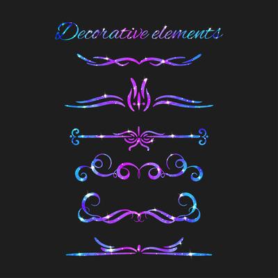 Vector Flourishes. Dividers Set. Hand Drawn Decorative Swirls With Glitter. Calligraphic Decorations With Sparkles. Space Texture. Glowing Stars Effect.