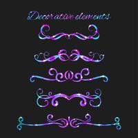 Vector Flourishes. Dividers Set. Hand Drawn Decorative Swirls With Glitter. Calligraphic Decorations With Sparkles. Space Texture. Glowing Stars Effect.