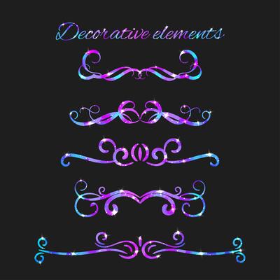 Vector Flourishes. Dividers Set. Hand Drawn Decorative Swirls With Glitter. Calligraphic Decorations With Sparkles. Space Texture. Glowing Stars Effect.