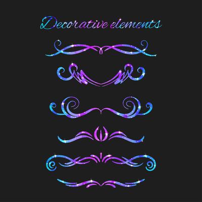 Vector Flourishes. Dividers Set. Hand Drawn Decorative Swirls With Glitter. Calligraphic Decorations With Sparkles. Space Texture. Glowing Stars Effect.