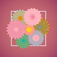 Colorful flowers with white border and leaves, vector illustration