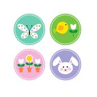 Iconos de círculo de Pascua con pollito de conejito y flores vector