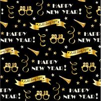 new years eve 2019 vector pattern with gold banners, glasses, stars and confetti streamers	