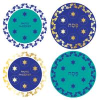 blue and gold Passover seder plates with grapevine border