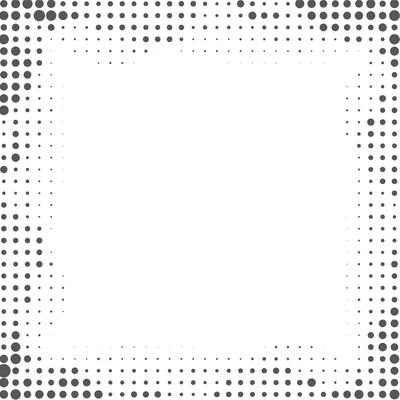 Black and white gradient frame background with halftone dots. 