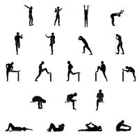 Conjunto de iconos de ejercicios de estiramiento para estirar brazos, piernas, espalda y cuello. vector