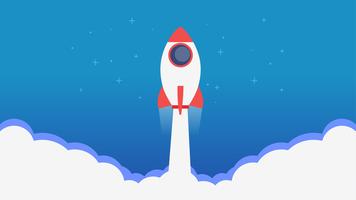 Site Page. A rocket flying out of the clouds.Learn more banner. Vector flat illustration