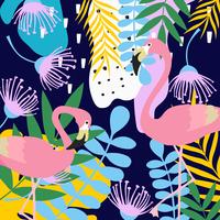 Tropical jungle leaves and flowers poster background with flamingos vector