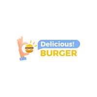 Deliciosa hamburguesa. De la mano con una hamburguesa pequeña. Logotipo para restaurante o cafetería. Ilustración vectorial vector