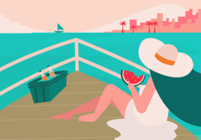 Girl Eating Watermelon Enjoying Summer In Boat Vector Illustration